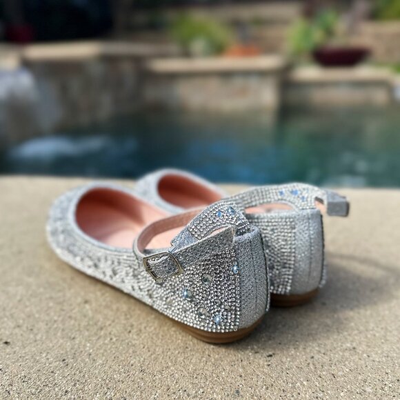 New Bling Silver Rhinestone Embellished Ankle Strap Ballet Flat Shoes Ballerina - Picture 10 of 10